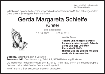 Todesanzeige von Gerda Margareta Schleife von HNA