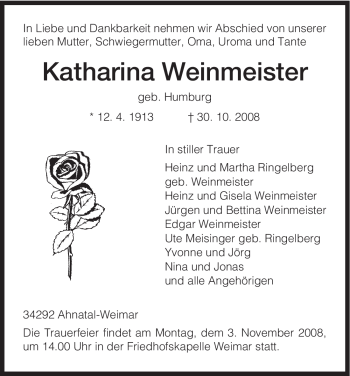 Todesanzeige von Katharina Weinmeister von HNA