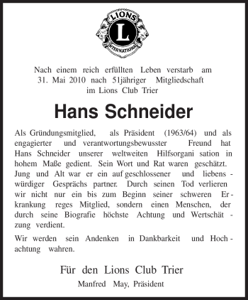 Todesanzeige von Hans Schneider von HNA