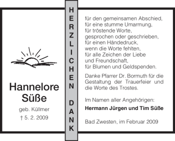 Todesanzeige von Hannelore Süße von HNA