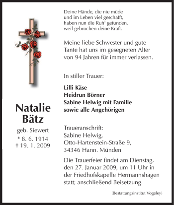Todesanzeige von Natalie Baetz von HNA