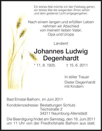 Todesanzeige von Johannes Ludwig Degenhardt von HNA
