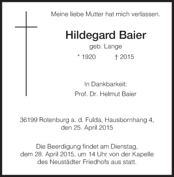 Todesanzeige von Hildegard Baier von HNA