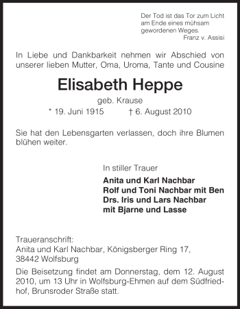 Todesanzeige von Elisabeth Heppe von HNA