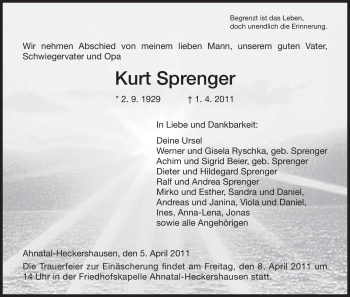 Todesanzeige von Kurt Sprenger von HNA