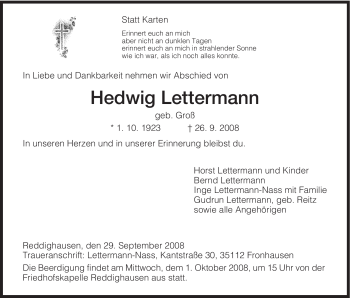 Todesanzeige von Hedwig Lettermann von HNA