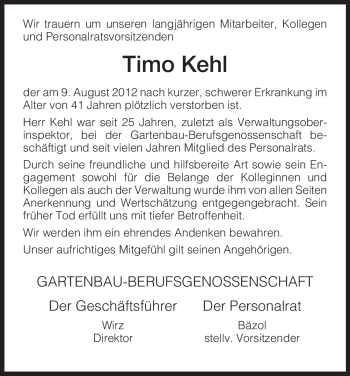 Todesanzeige von Timo Kehl von HNA