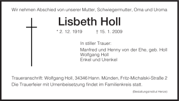 Todesanzeige von Lisbeth Holl von HNA