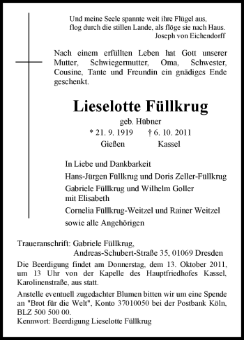 Todesanzeige von Lieselotte Füllkrug von HNA