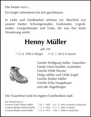 Todesanzeige von Walter Müller von HNA