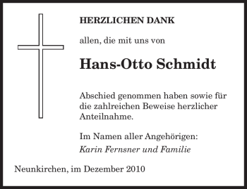 Todesanzeige von Hans-Otto Schmidt von HNA