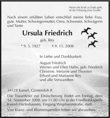 Todesanzeige von Ursula Friedrich von HNA