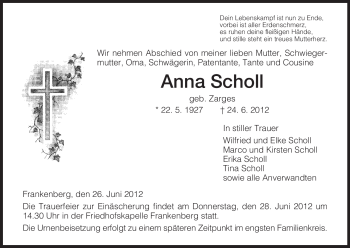 Todesanzeige von Anna Scholl von HNA