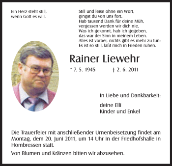 Todesanzeige von Rainer Liewehr von HNA