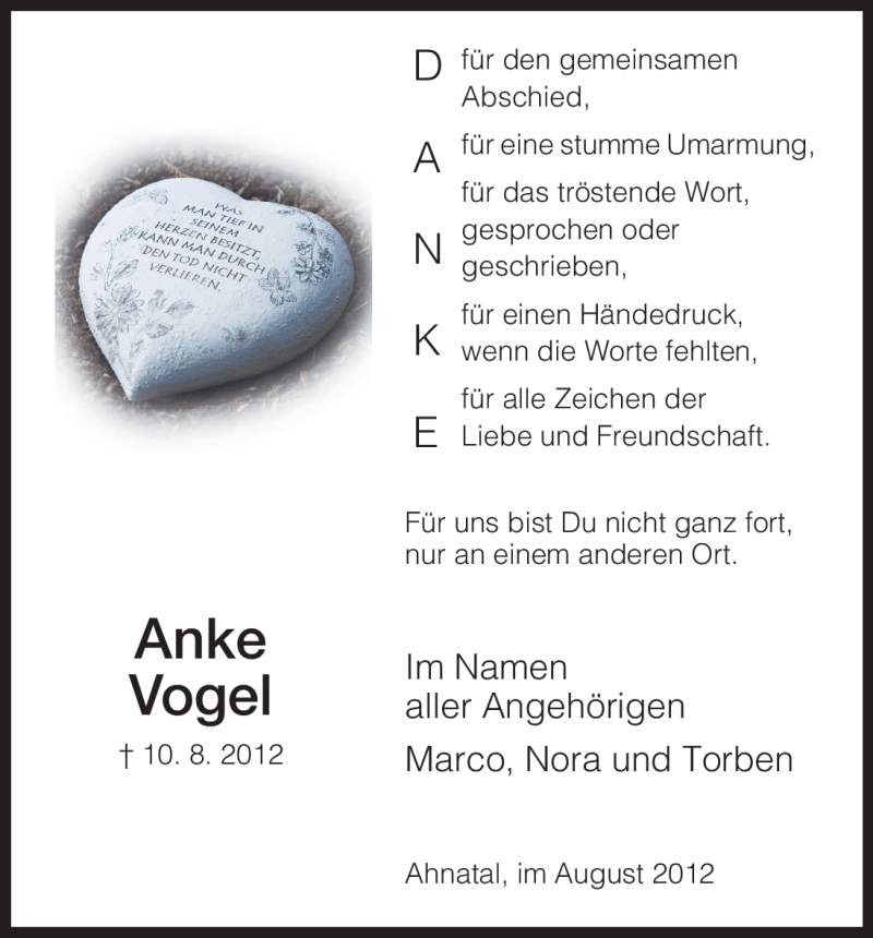  Traueranzeige für Anke Vogel vom 29.08.2012 aus HNA