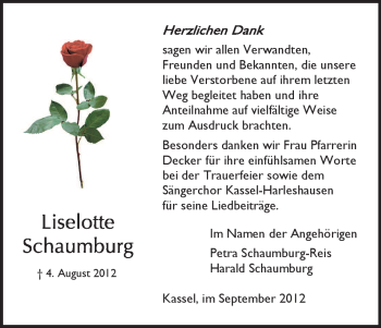 Todesanzeige von Liselotte Schaumburg von HNA