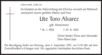 Todesanzeige von Ute Toro Alvarez von HNA