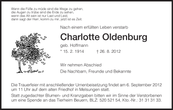 Todesanzeige von Charlotte Oldenburg von HNA