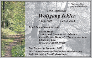 Todesanzeige von Wolfgang Ickler von HNA