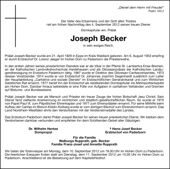 Todesanzeige von Joseph Becker von HNA