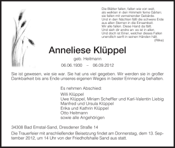 Todesanzeige von Anneliese Klüppel von HNA