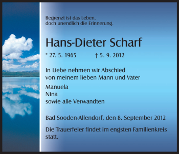 Todesanzeige von Hans-Dieter Scharf von HNA