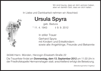 Todesanzeige von Ursula Spyra von HNA