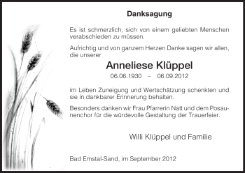 Todesanzeige von Anneliese Klüppel von HNA