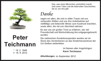 Todesanzeige von Peter Teichmann von HNA