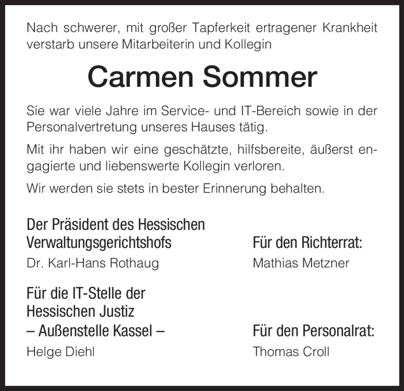  Traueranzeige für Carmen Sommer vom 13.09.2012 aus HNA
