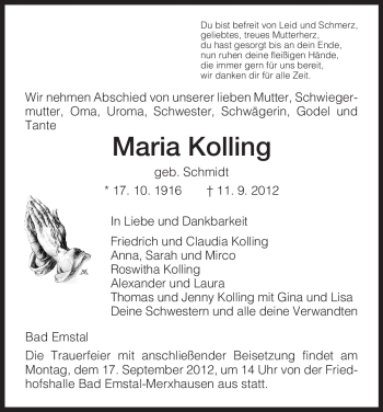 Todesanzeige von Maria Kolling von HNA