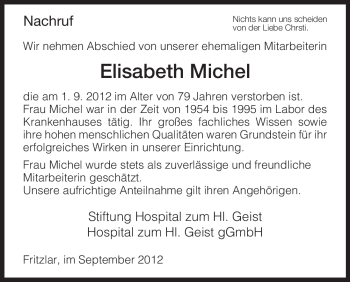 Todesanzeige von Elisabeth Michel von HNA