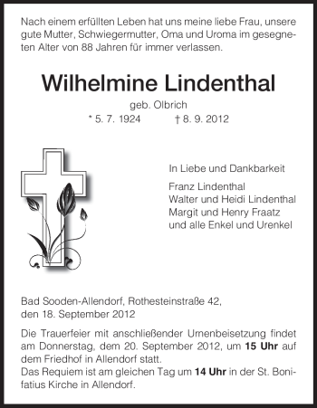 Todesanzeige von Wilhelmine Lindenthal von HNA