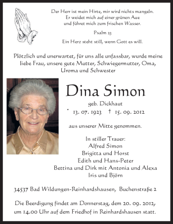 Todesanzeige von Dina Simon von HNA