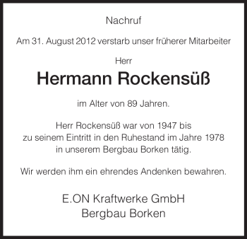 Todesanzeige von Hermann Rockensüß von HNA