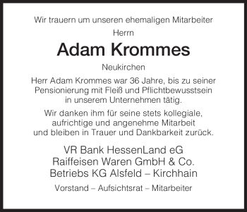 Todesanzeige von Adam Krommes von HNA