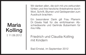 Todesanzeige von Maria Kolling von HNA
