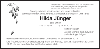 Todesanzeige von Hilda Jünger von HNA