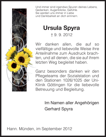 Todesanzeige von Ursula Spyra von HNA