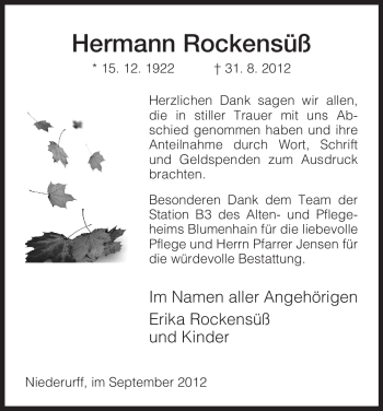 Todesanzeige von Hermann Rockensüß von HNA
