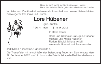 Todesanzeige von Lore Hübener von HNA