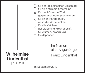 Todesanzeige von Wilhelmine Lindenthal von HNA