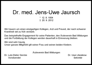 Todesanzeige von Jens-Uwe Jaursch von HNA