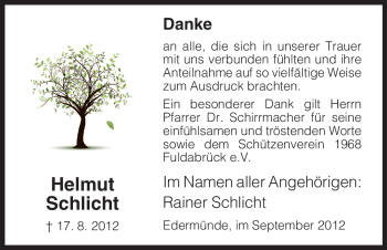 Todesanzeige von Helmut Schlicht von HNA