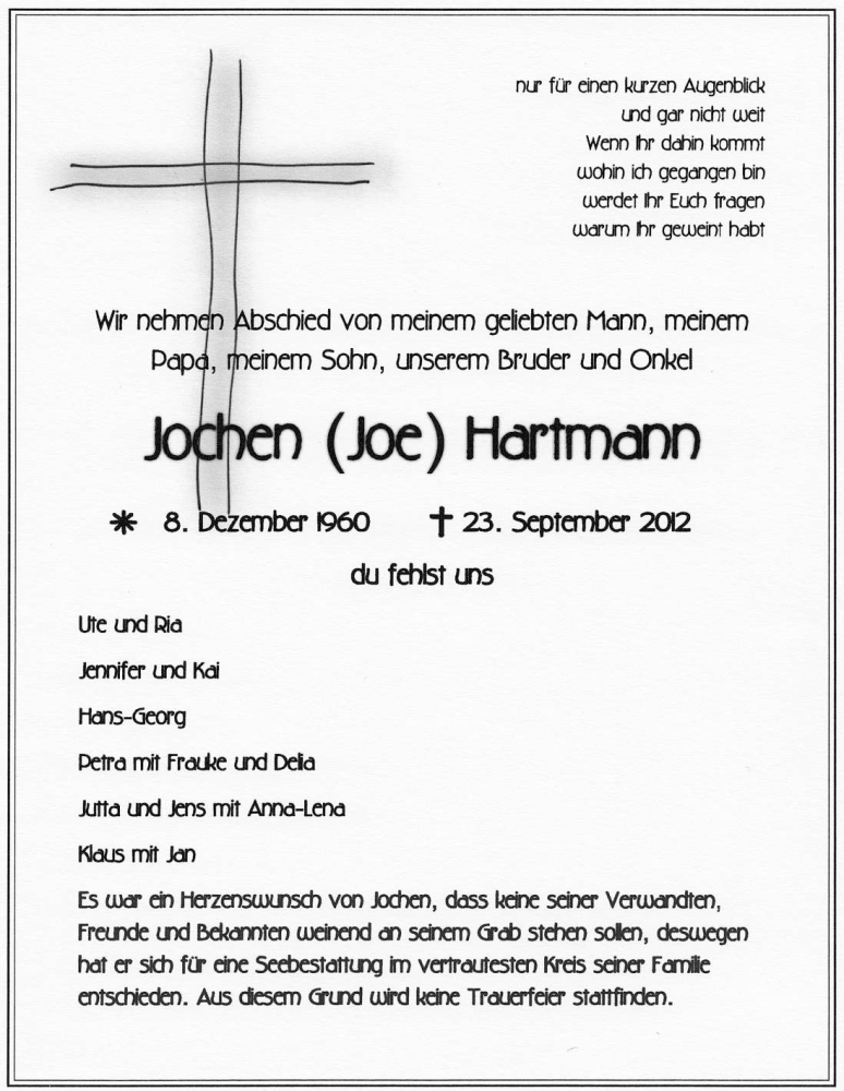  Traueranzeige für Jochen Hartmann vom 29.09.2012 aus HNA