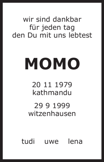 Todesanzeige von Momo Unbekannt von HNA