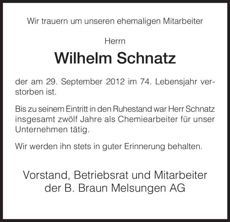  Traueranzeige für Wilhelm Schnatz vom 09.10.2012 aus HNA