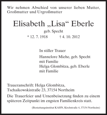 Todesanzeige von Elisabeth Eberle von HNA