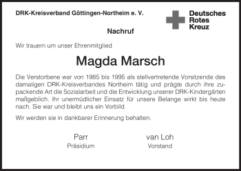 Todesanzeige von Magda Marsch von HNA