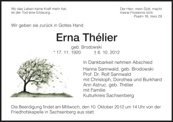Todesanzeige von Erna Thélier von HNA